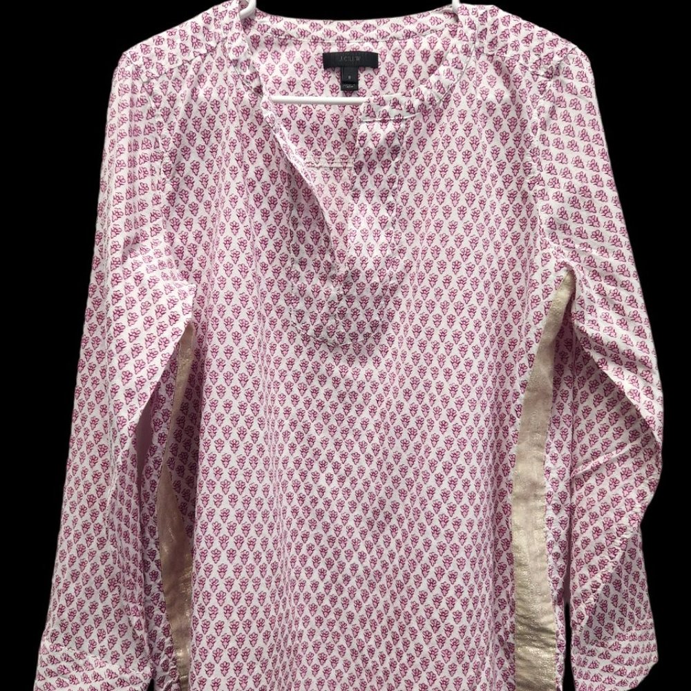 J. Crew Cotton Floral Pattern Metallic Gold Detail Popover Blouse - Size 8